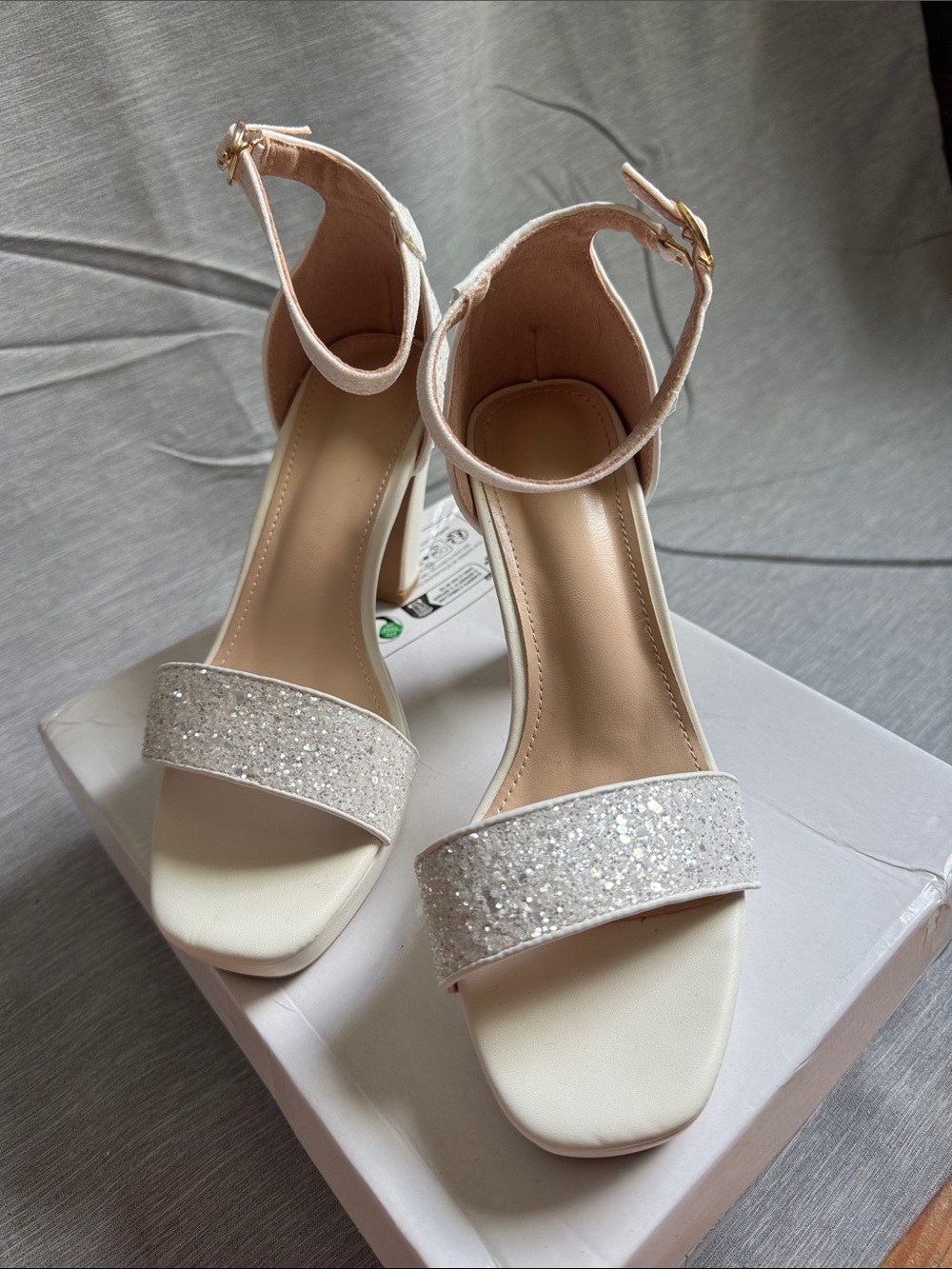 Sparkle Ankle-Strap Block Heels in Ivory